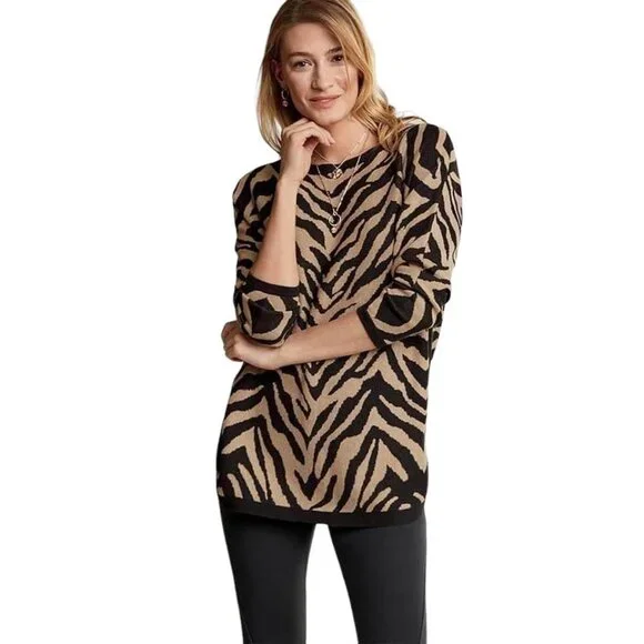 CAbi Dani Pullover #3884 Brown Black Zebra Dazzle Stripe Size M EUC - Picture 1 of 8